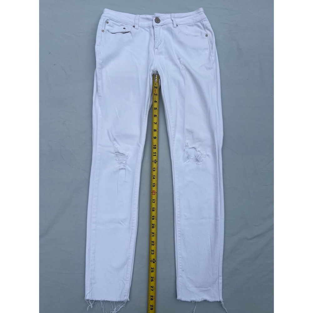 Indigo Rein White Distressed Skinny Jeans Womens Size 9 Ripped Raw Hem Mid Rise